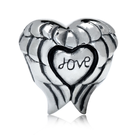 925 Sterling Silver HEART LOVE ANGEL WING European Charm Bead (Fits Pandora Chamilia)