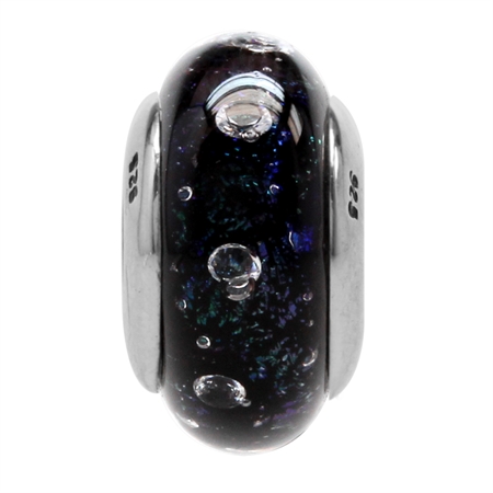 Black Italian Murano Glass w/Crystal 925 Sterling Silver European Charm Bead (Fits Pandora Chamilia)