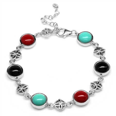 Created Green Turquoise, Onyx & Coral 925 Sterling Silver Flower Celtic Knot 7-8.5" Adj. Bracelet