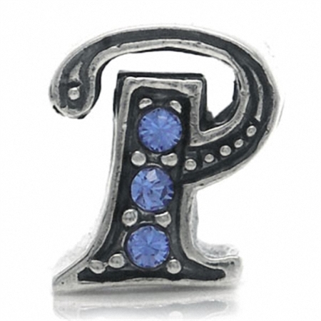 Sapphire Blue Crystal 925 Sterling Silver Initial P Threaded European Charm Bead
