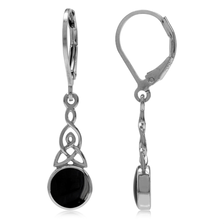 Created Onyx White Gold Plated 925 Sterling Silver Triquetra Celtic Knot Leverback Dangle Earrings