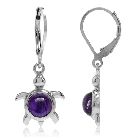 Cabochon Amethyst White Gold Plated 925 Sterling Silver Turtle Leverback Dangle Earrings