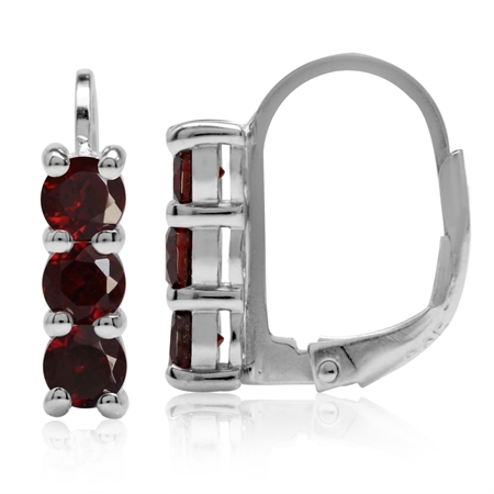 1.2ct. 3-Stone 3.5MM Natural Garnet White Gold Plated 925 Sterling Silver Leverback Earrings