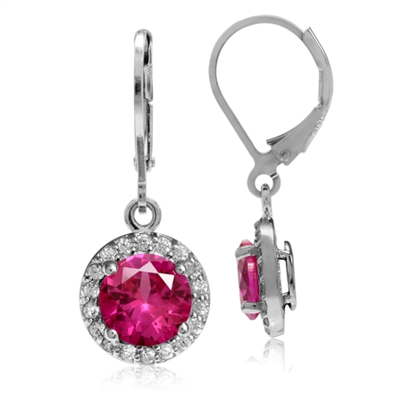 7MM Round Shape Simulated Red Ruby & White CZ 925 Sterling Silver Halo Leverback Earrings