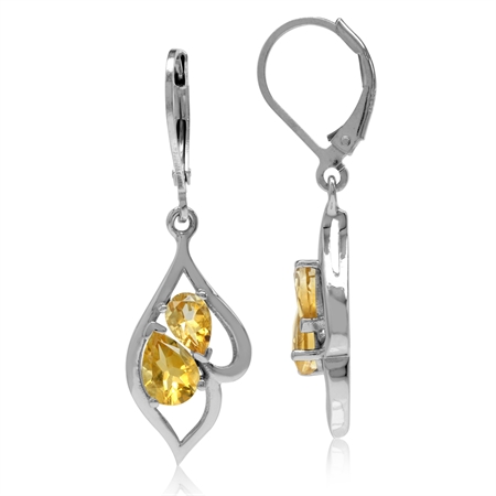 1.84ct. Natural Pear Shape Citrine White Gold Plated 925 Sterling Silver Leverback Dangle Earrings