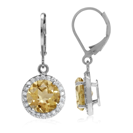 4.86ct 9MM Natural Round Shape Citrine White Gold Plated 925 Sterling Silver Halo Leverback Earrings