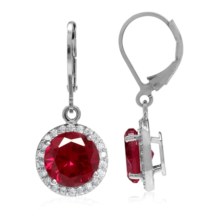 9MM Round Simulated Red Ruby White Gold Plated 925 Sterling Silver Halo Leverback Dangle Earrings
