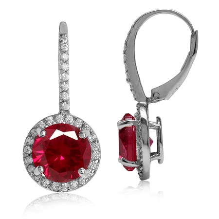9MM Round Shape Simulated Red Ruby White Gold Plated 925 Sterling Silver Halo Leverback Earrings