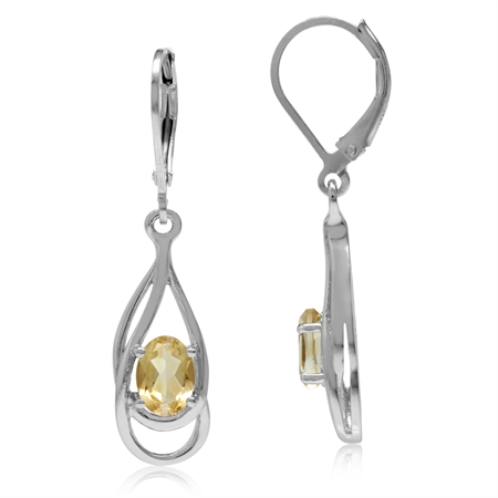 1.4ct. Natural Oval Citrine White Gold Plated 925 Sterling Silver Drop Dangle Leverback Earrings