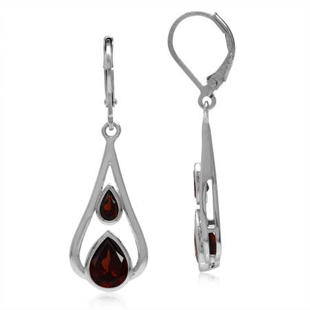 3.58ct. Natural Pear Garnet White Gold Plated 925 Sterling Silver Drop Dangle Leverback Earrings