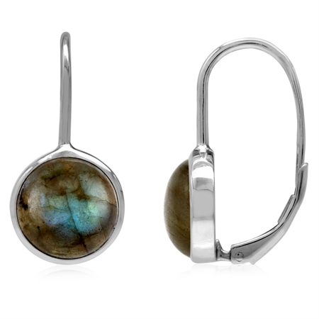 10MM Natural Labradorite White Gold Plated 925 Sterling Silver Leverback Earrings