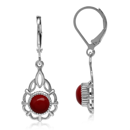 Created Red Coral White Gold Plated 925 Sterling Silver Filigree Drop Dangle Leverback Earrings
