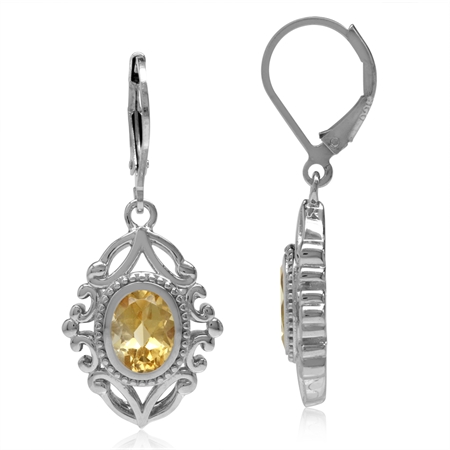 2.2ct. Natural Oval Shape Citrine 925 Sterling Silver Baroque Inspired Leverback Dangle Earrings