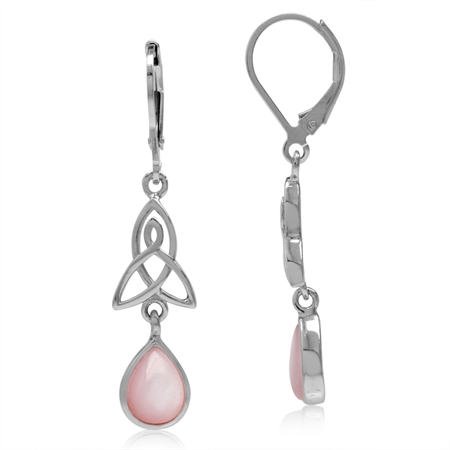 Pink Mother Of Pearl 925 Sterling Silver Triquetra Celtic Knot Drop Dangle Leverback Earrings