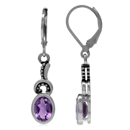 2.26ct. 8x6MM Natural Oval Shape Amethyst 925 Sterling Silver Balinese Style Leverback Earrings
