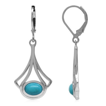 Genuine American Turquoise White Gold Plated 925 Sterling Silver Casual Drop Leverback Earrings