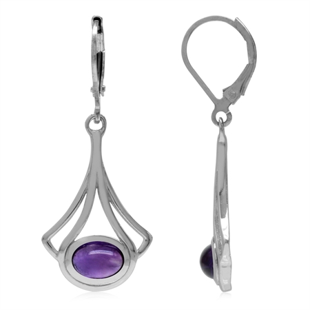 Cabochon Amethyst White Gold Plated 925 Sterling Silver Casual Drop Dangle Leverback Earrings