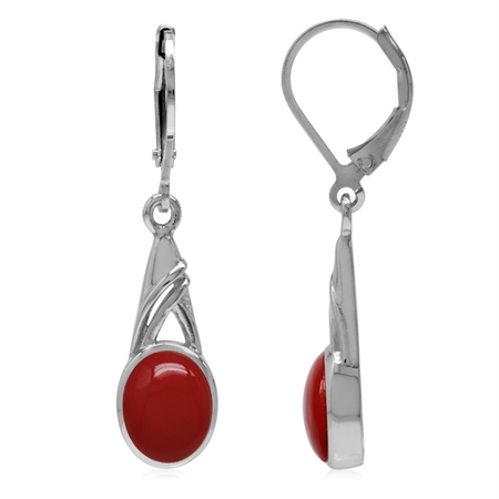 9x7MM Oval Shape Created Red Coral White Gold Plated 925 Sterling Silver Leverback Dangle Earrings
