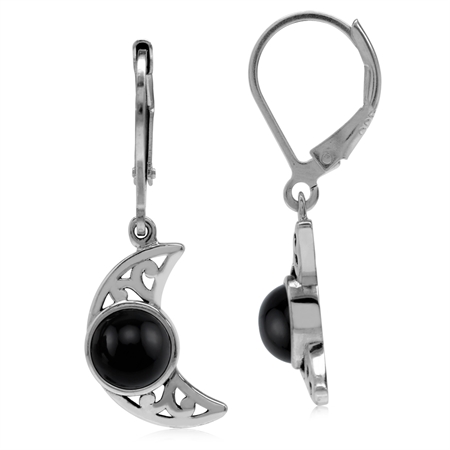 Black Onyx Cabochon Gemstone 925 Sterling Silver Filigree Crescent Moon Leverback Dangle Earrings
