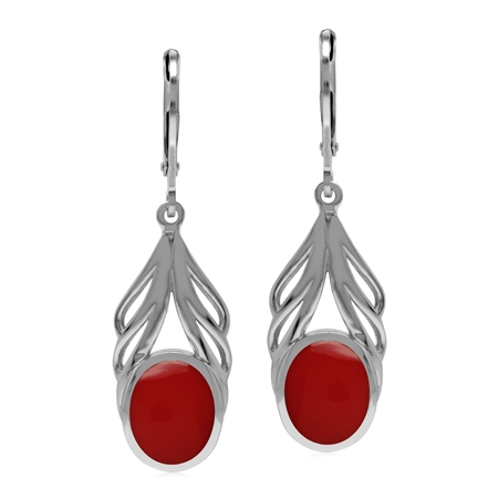 Created Oval 10x8 mm Red Coral Inlay 925 Sterling Silver Elegant Leverback Drop Earrings