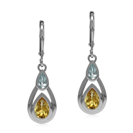 Genuine Citrine and Aquamarine 925 Sterling Silver Colorful Contemporary Leverback Earrings