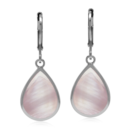 Drop Shape 14x10 mm Pink Mother of Pearl Inlay 925 Sterling Silver Leverback Dangle Summer Earrings