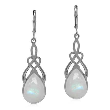 Natural 14x10 mm Rainbow Moonstone 925 Sterling Silver Celtic Knot Leverback Earrings