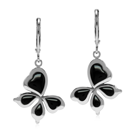 Created Black Onyx 925 Sterling Silver Leverback Butterfly Earrings