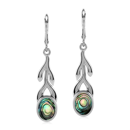 Abalone Puau Shell Inlay 925 Sterling Silver Leverback Contemporary Long Leaf Dangle Earrings