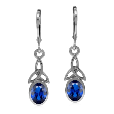 Created Blue Sapphire 925 Sterling Silver Triquetra Celtic Knot Leverback Earrings
