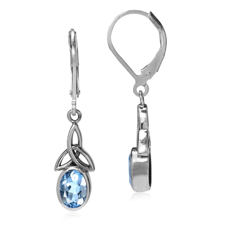 1.92ct. Genuine Blue Topaz 925 Sterling Silver Triquetra Celtic Knot Leverback Earrings