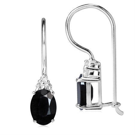 2.22ct. Natural Black Sapphire & White Topaz 925 Sterling Silver Hook Closure Earrings