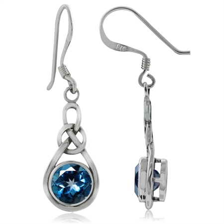 2.16ct. Genuine London Blue Topaz 925 Sterling Silver Celtic Knot Drop Dangle Hook Earrings