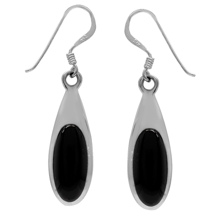 Created Black Onyx 925 Sterling Silver Drop Shape Dangle Hook Earrings