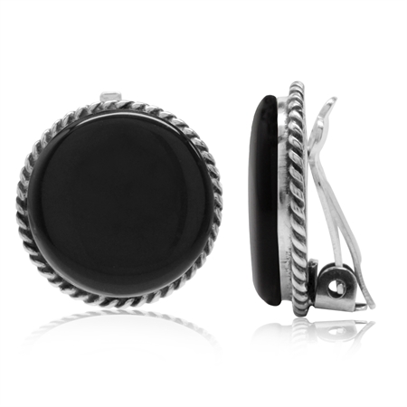 Created Black Onyx 925 Sterling Silver Round Disc Shape Clip-on Earrings