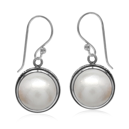 Cultured White Mabe Pearl 925 Sterling Silver S-Pattern Swirl Dangle Hook Earrings