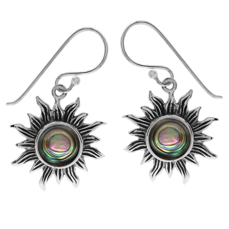Abalone/Paua Shell 925 Sterling Silver Sun Ray Inspired Dangle Hook Earrings