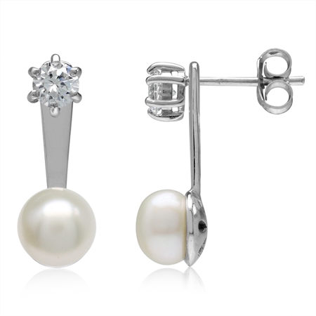 Cultured Freshwater Pearl White Gold Plated 925 Sterling Silver 2-Way Stud & Ear Jacket Earrings