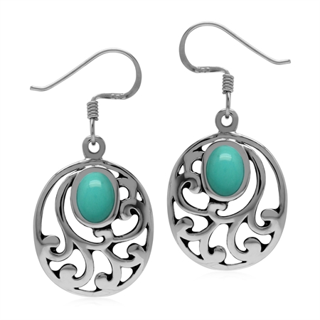 Created Oval Green Turquoise 925 Sterling Silver Filigree Southwest Inspired Dangle Earrings