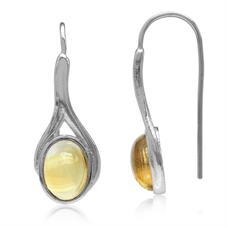 Cabochon Citrine White Gold Plated 925 Sterling Silver Textured Hook Earrings
