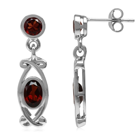 1.86ct. Natural Garnet White Gold Plated 925 Sterling Silver Victorian Style Dangle Post Earrings