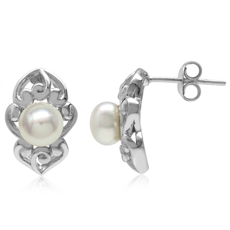 6MM Cultured Freshwater Pearl White Gold Plated 925 Sterling Silver Filigree Post Earrings