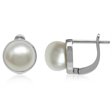 8MM Cultured Freshwater Pearl White Gold Plated 925 Sterling Silver English Hook Earrings
