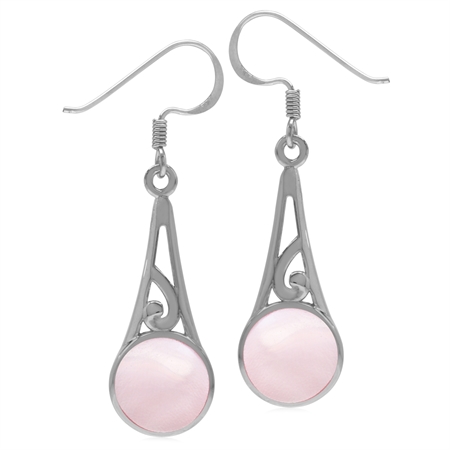 9MM Round Shape Pink Mother Of Pearl 925 Sterling Silver Filigree Swirl Dangle Hook Earrings
