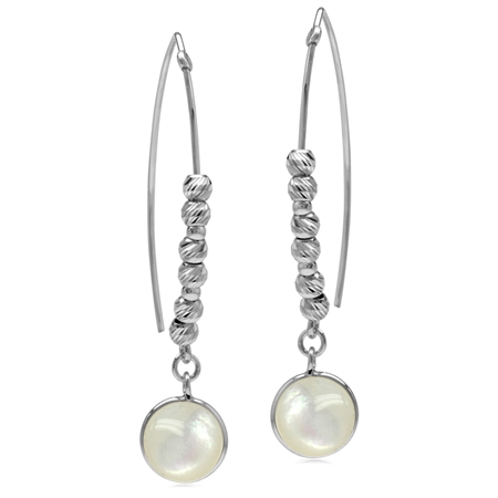 9MM Round Shape White Mother Of Pearl w/Textured Bead Balls 925 Sterling Silver Threader Earrings