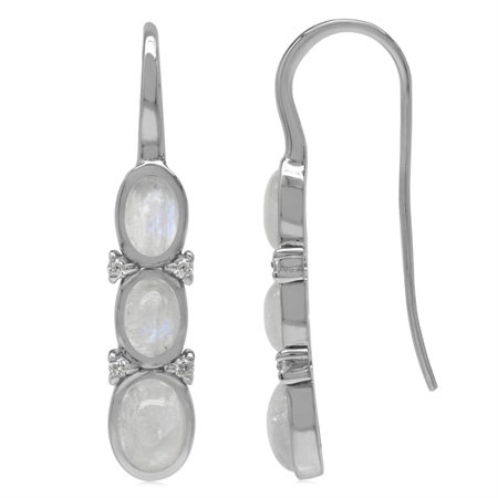 3-Stone Natural Oval Shape Moonstone & White CZ 925 Sterling Silver Hook Earrings
