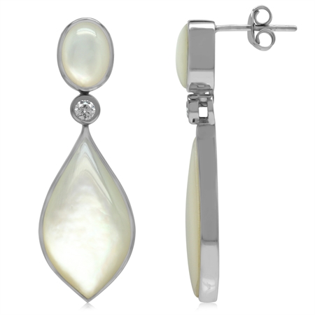 Mother Of Pearl & White CZ 925 Sterling Silver Drop Dangle Post Earrings