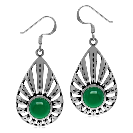 1920s Art Deco Gatsby Style Natural Green Onyx 925 Sterling Silver 8mm Drop Earrings