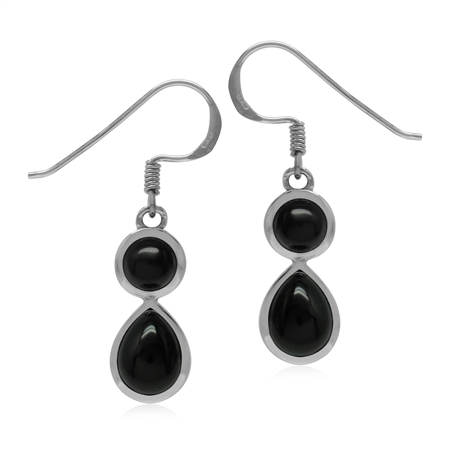 Natural Black Onyx White Gold Plated 925 Sterling Silver Dangle Hook Drop Earrings