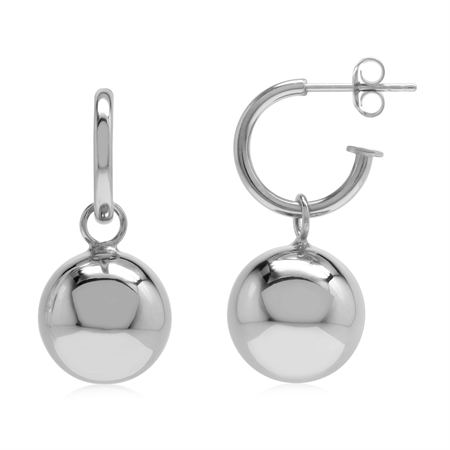 Basic 14 mm Dangle Ball 925 Sterling Silver C Hoop Post Earrings